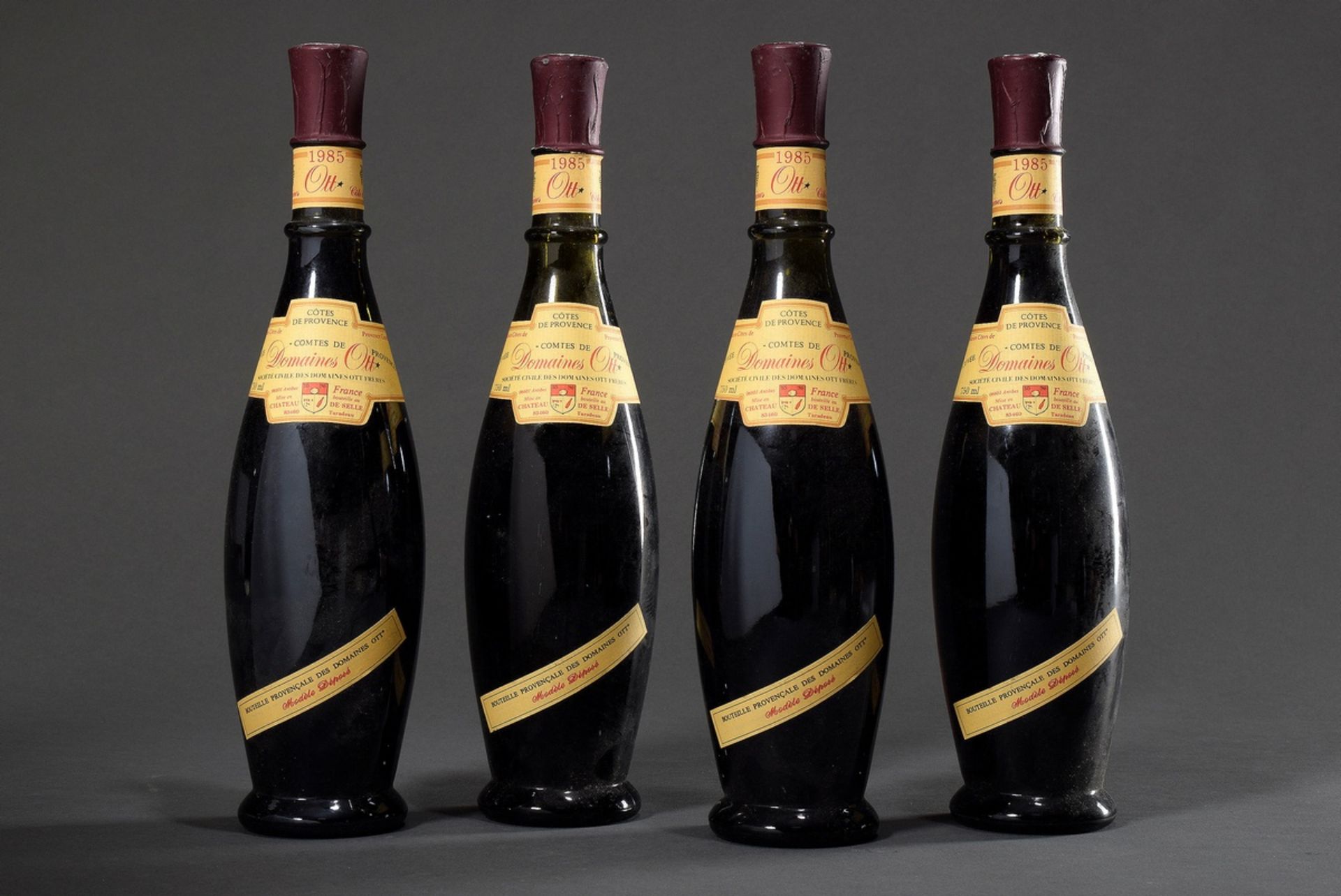 4 bottles 1985 red wine "Domaines Ott, Bandol", Provence, top shoulder, 0,75l, contains sulfites