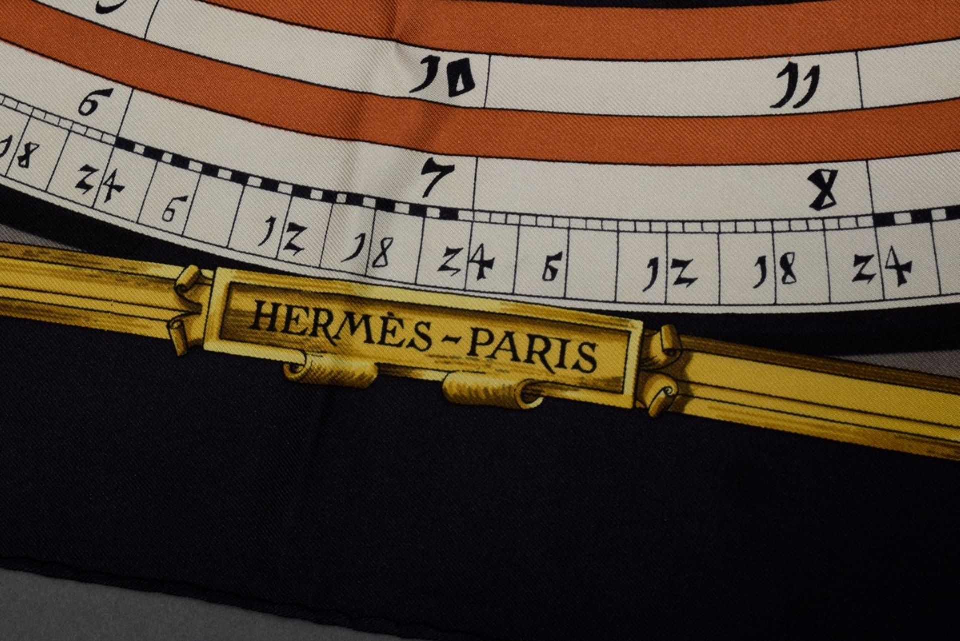 Hermès silk carré "Dies et Hore", black/orange, design: Françoise Façonnet 1963, 90x90cm, label mis - Image 3 of 5