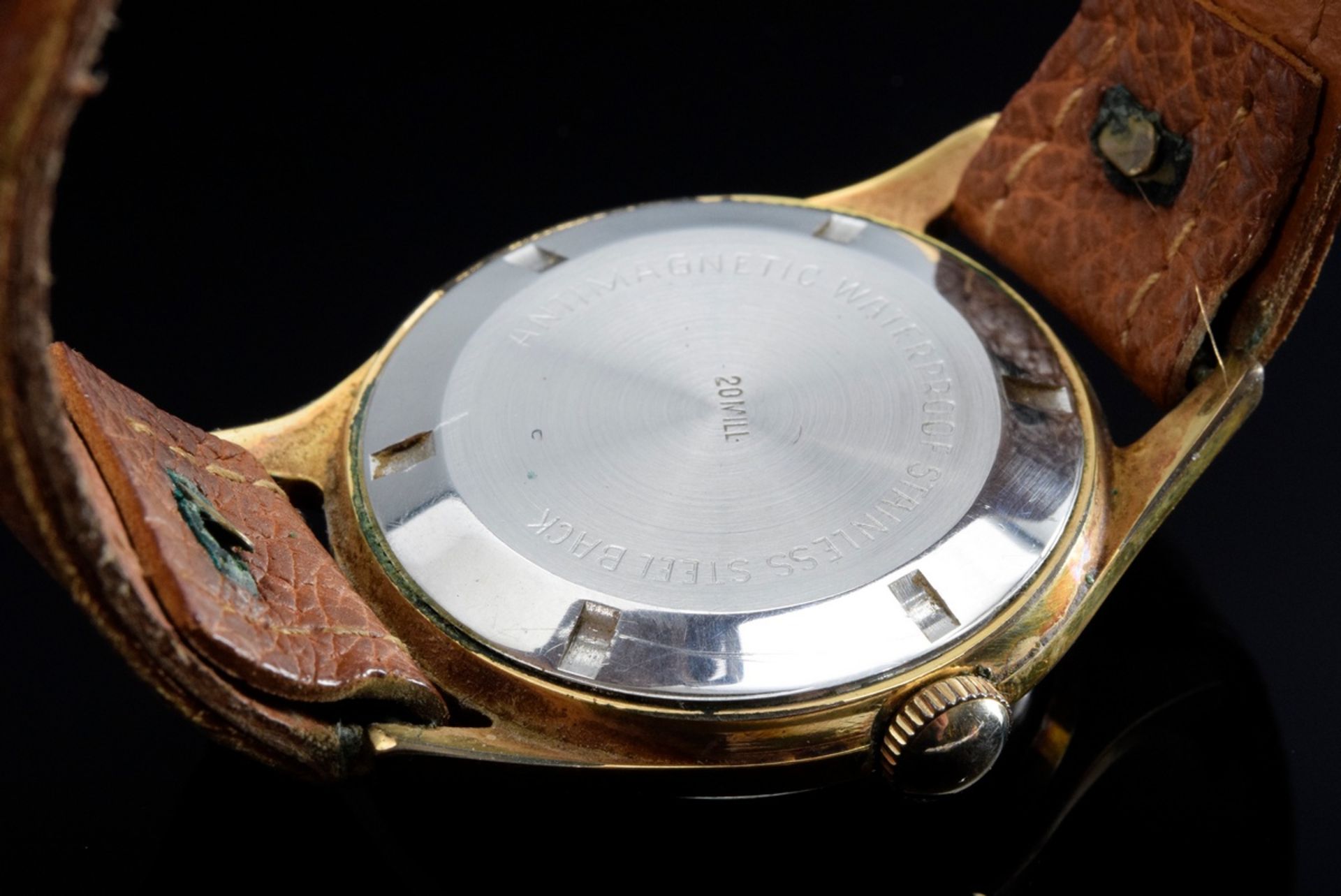 Steel-gilt "anchor" wristwatch, manual winding, large second, line and dot indices, brown leather s - Image 2 of 4