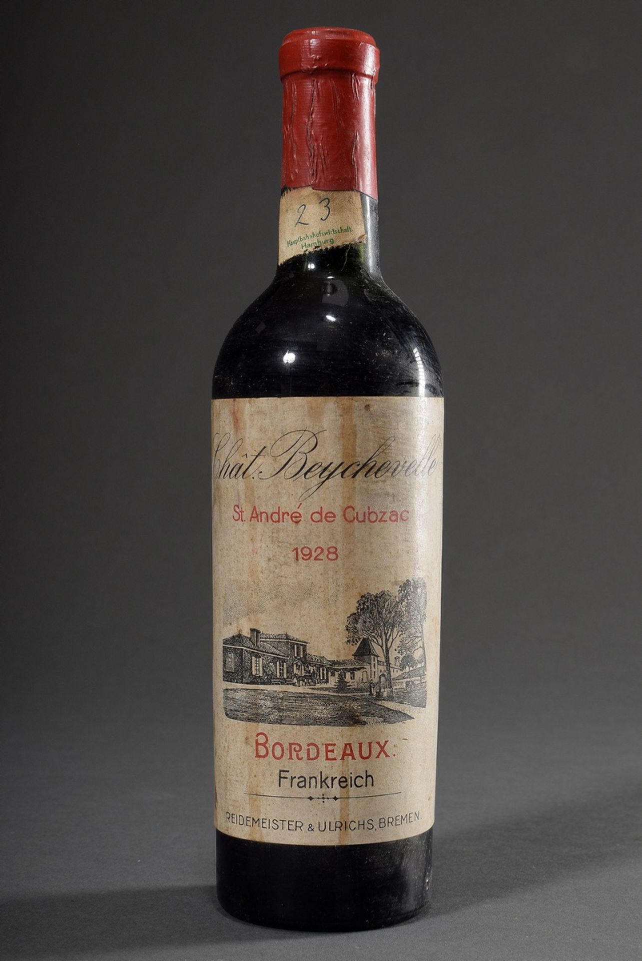 Bottle 1928 Bordeaux red wine "Chateau Beychevelle", St. Andre de Cubzac, 0,375 l, inventory sticke