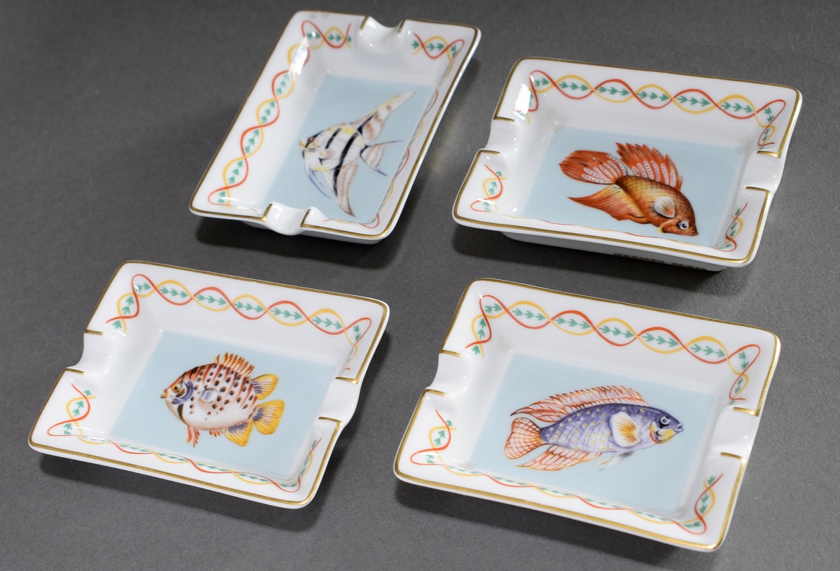 4 Various Hermès miniature porcelain ashtrays with coloured print decoration "ornamental fish" and 