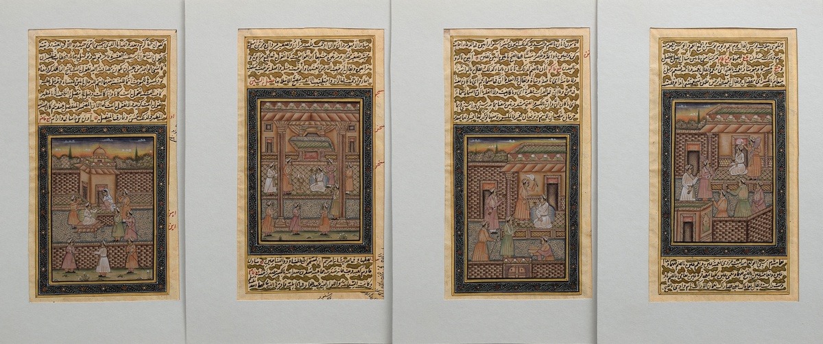 4 Diverse indopersische Miniaturen "Höfische Szenen" aus Handschriften, 18./19.Jh., Deckfarbenmaler