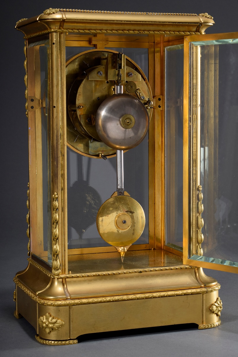 Pendulum in all-round glazed, fire-gilt bronze case with floral painted enamel dial with Arabic num - Image 6 of 9