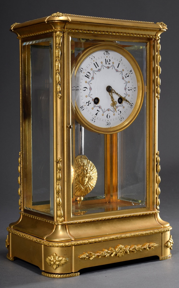 Pendulum in all-round glazed, fire-gilt bronze case with floral painted enamel dial with Arabic num - Image 2 of 9