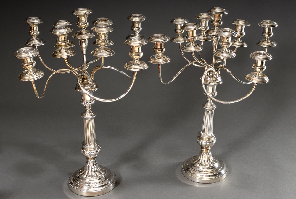 Pair of silver-plated table garlands with fluted shafts and 9-flamed attachments on curved arms, MM