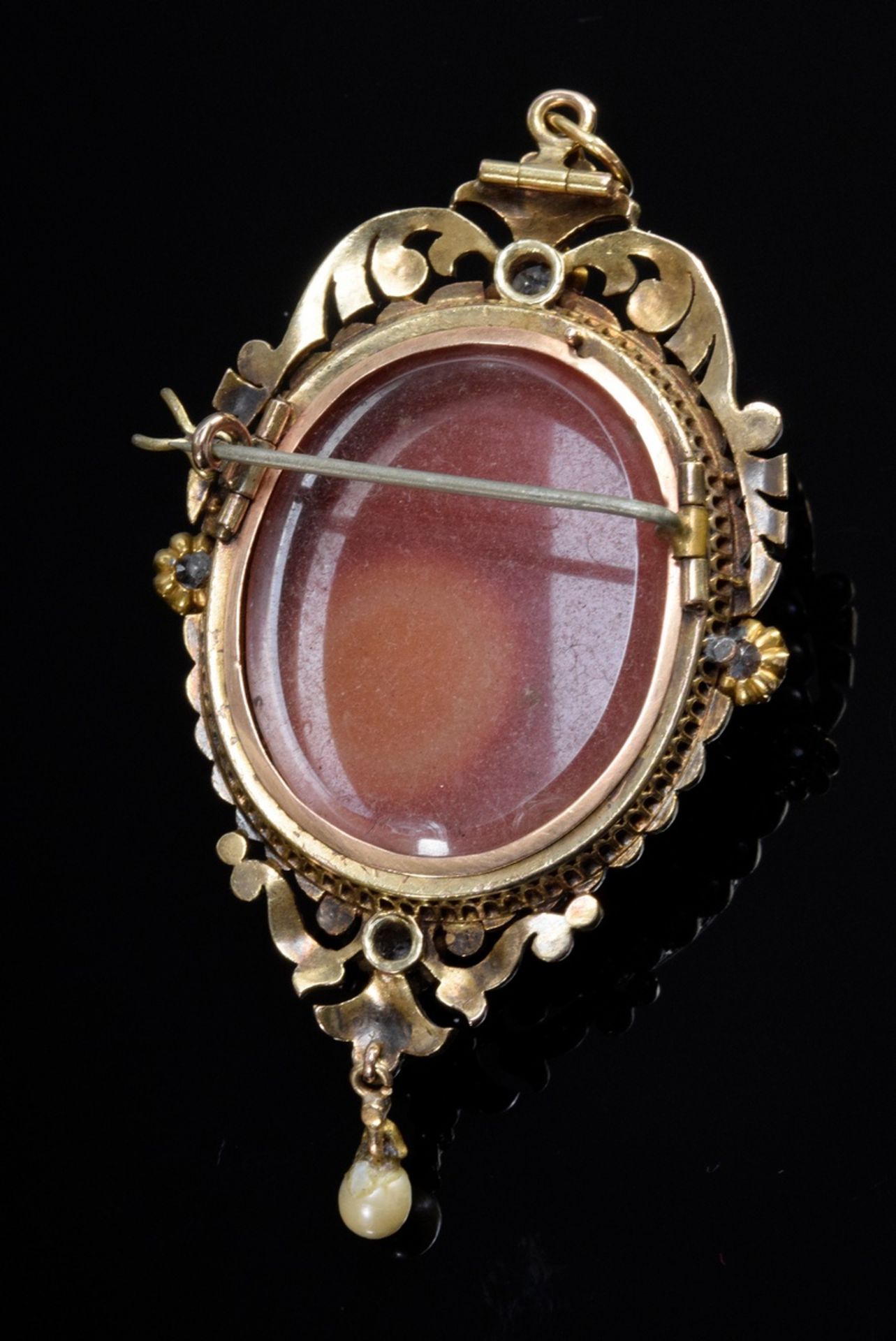 Antique agate camée "woman's head" in RG 585 setting with old cut diamonds (add. approx. 0.40ct/P2/ - Image 2 of 3