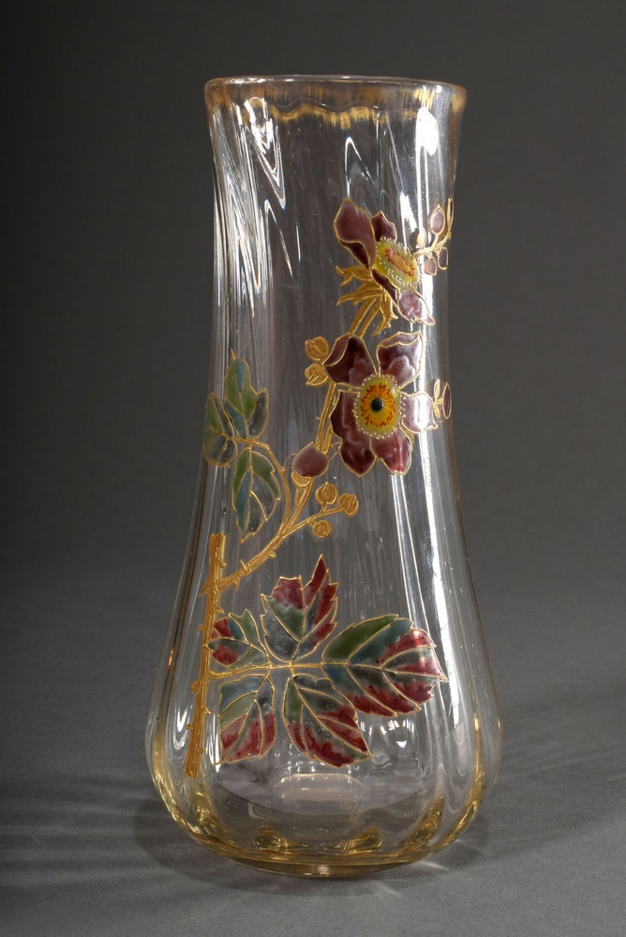 Tall Cristallerie Pantin vase with coloured enamel painting "hedge roses and dragonfly", colourless