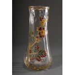 Hohe Cristallerie Pantin Vase mit farbiger Emaillemalerei "Heckenrosen und Libelle", farbloses Glas