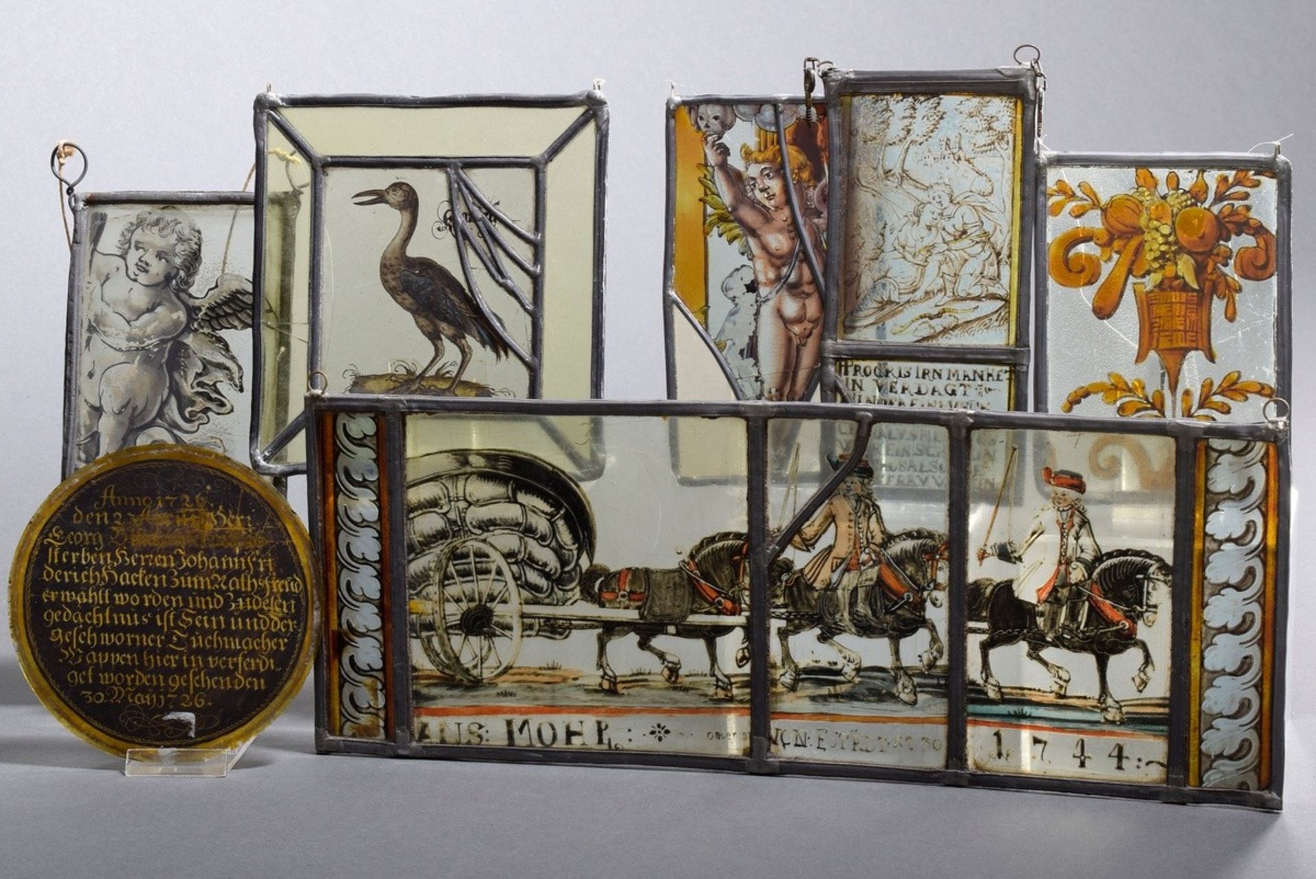7 Various antique leaded glass with antique scenes, sayings, figural representations etc. in square