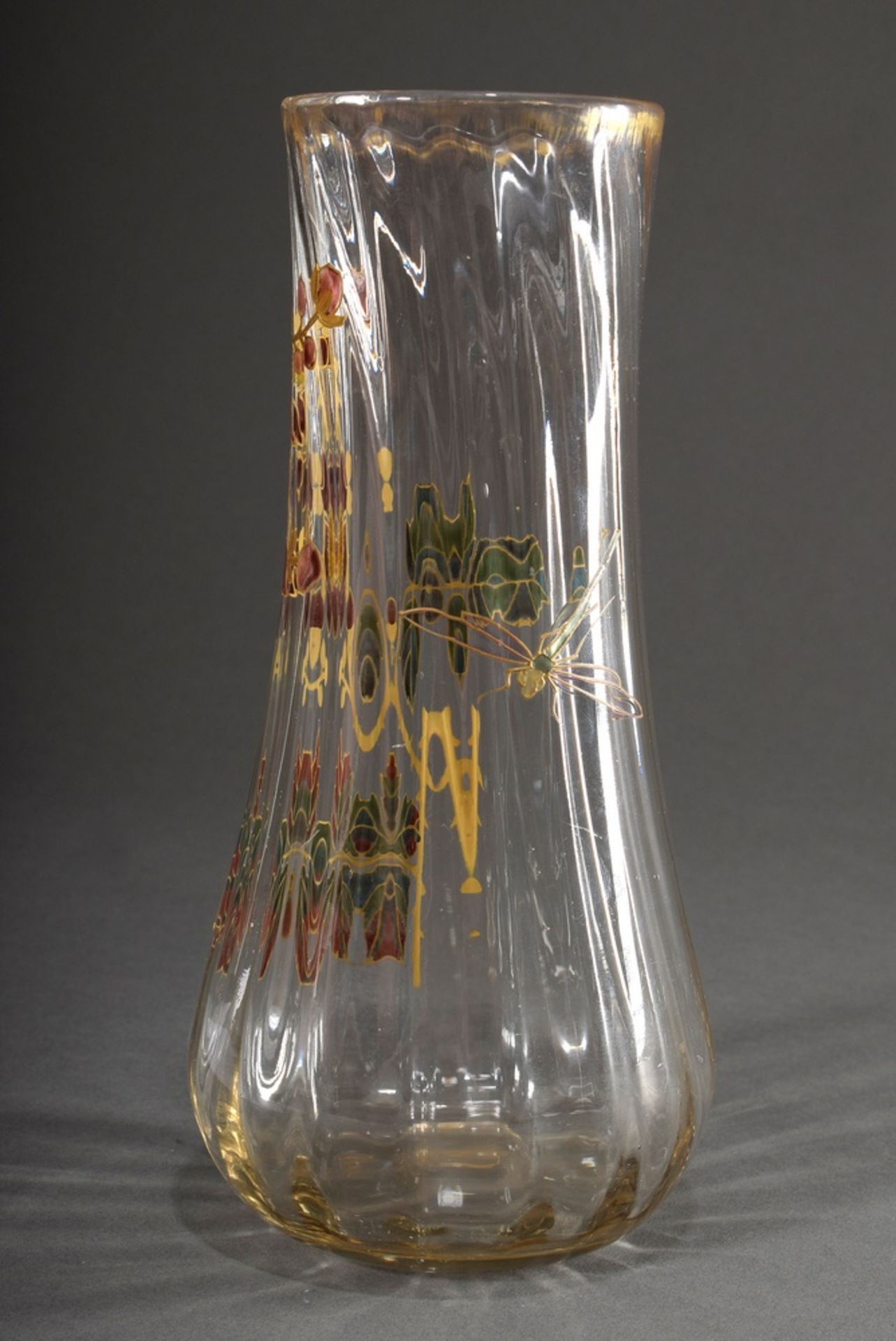 Tall Cristallerie Pantin vase with coloured enamel painting "hedge roses and dragonfly", colourless - Image 2 of 4