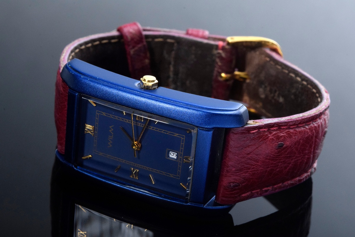 Gold-plated Wilm wristwatch "B-Watch", blue oxidised aluminium in tank form, quartz movement, large - Image 2 of 4