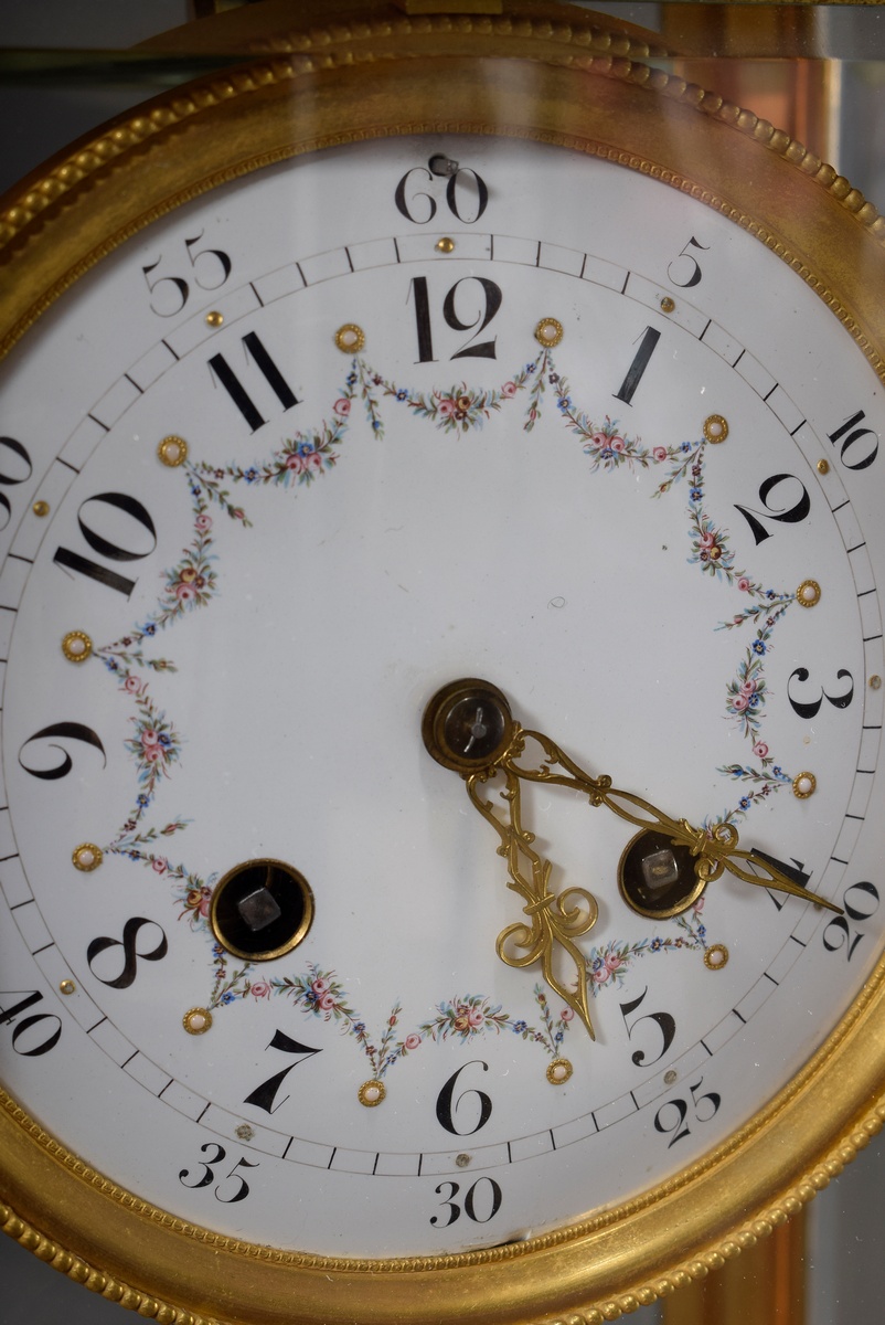 Pendulum in all-round glazed, fire-gilt bronze case with floral painted enamel dial with Arabic num - Image 3 of 9