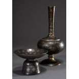 2 Diverse Bidri Gefäße in Kupfer/Zink Legierung mit floralen Silber Tauschierungen, Dekkan/Bidar, I