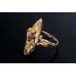 GG 750 Jugendstil Ring in floraler Façon mit Rubin und Diamantrosen in Platin gefaßt, 3g, Gr. 57