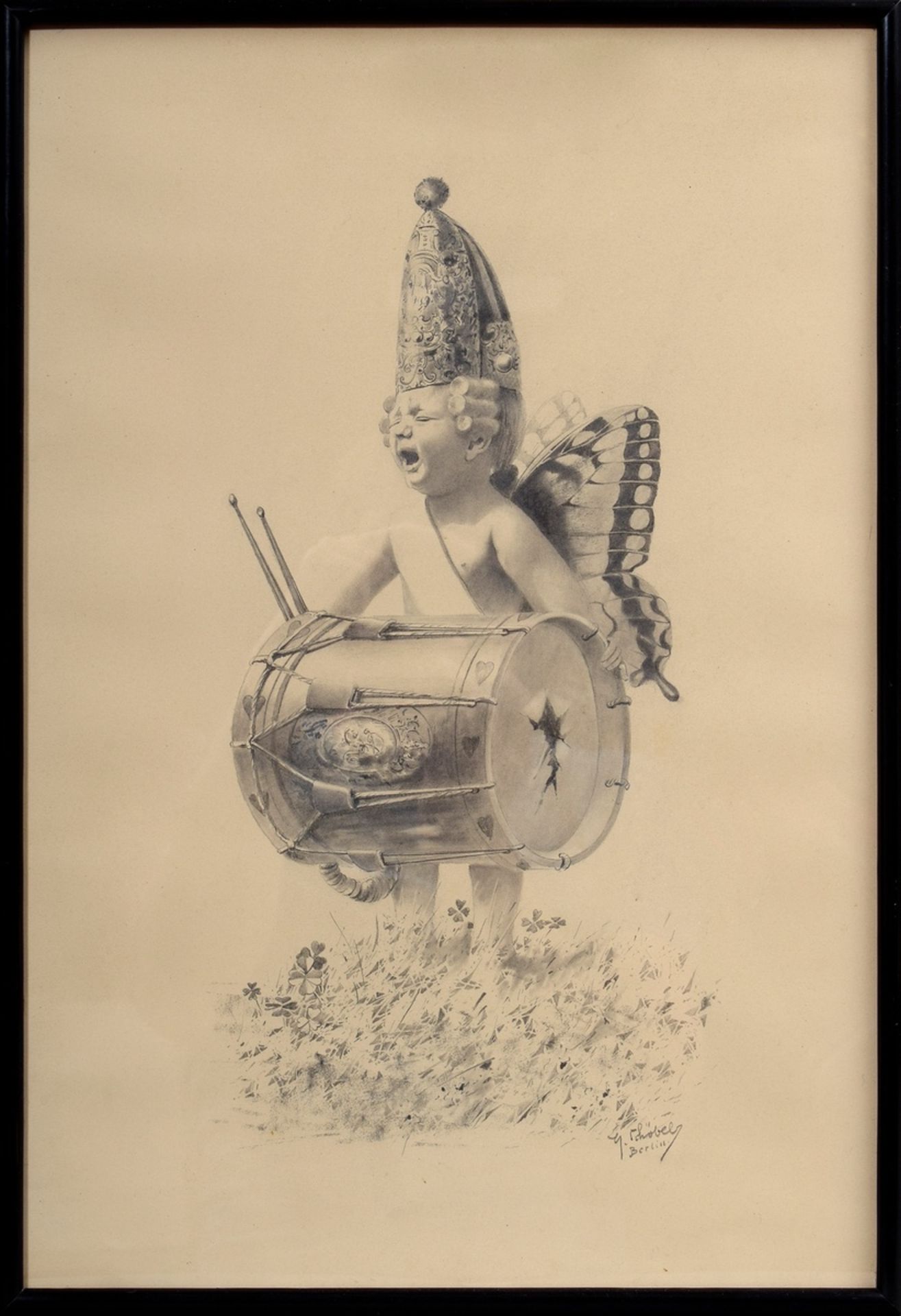 Schöbel, Georg (1860-1941) "Weeping Putto as a Frederician Drummer in a Lucky Clover", pencil/paper