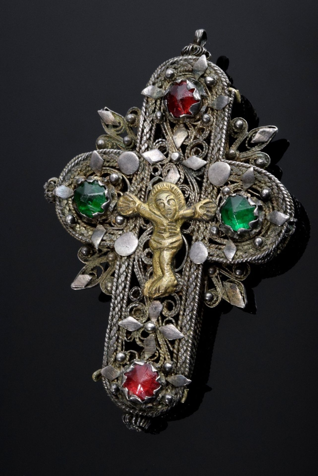 Traditional costume jewellery "Cross" pendant in silver filigree with coloured stones and brass bod