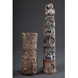 2 Elfenbein Griff-Fragmente mit fein geschnitzten "Figurenfriesen", frühe Mogul Dynastie, Indien 14