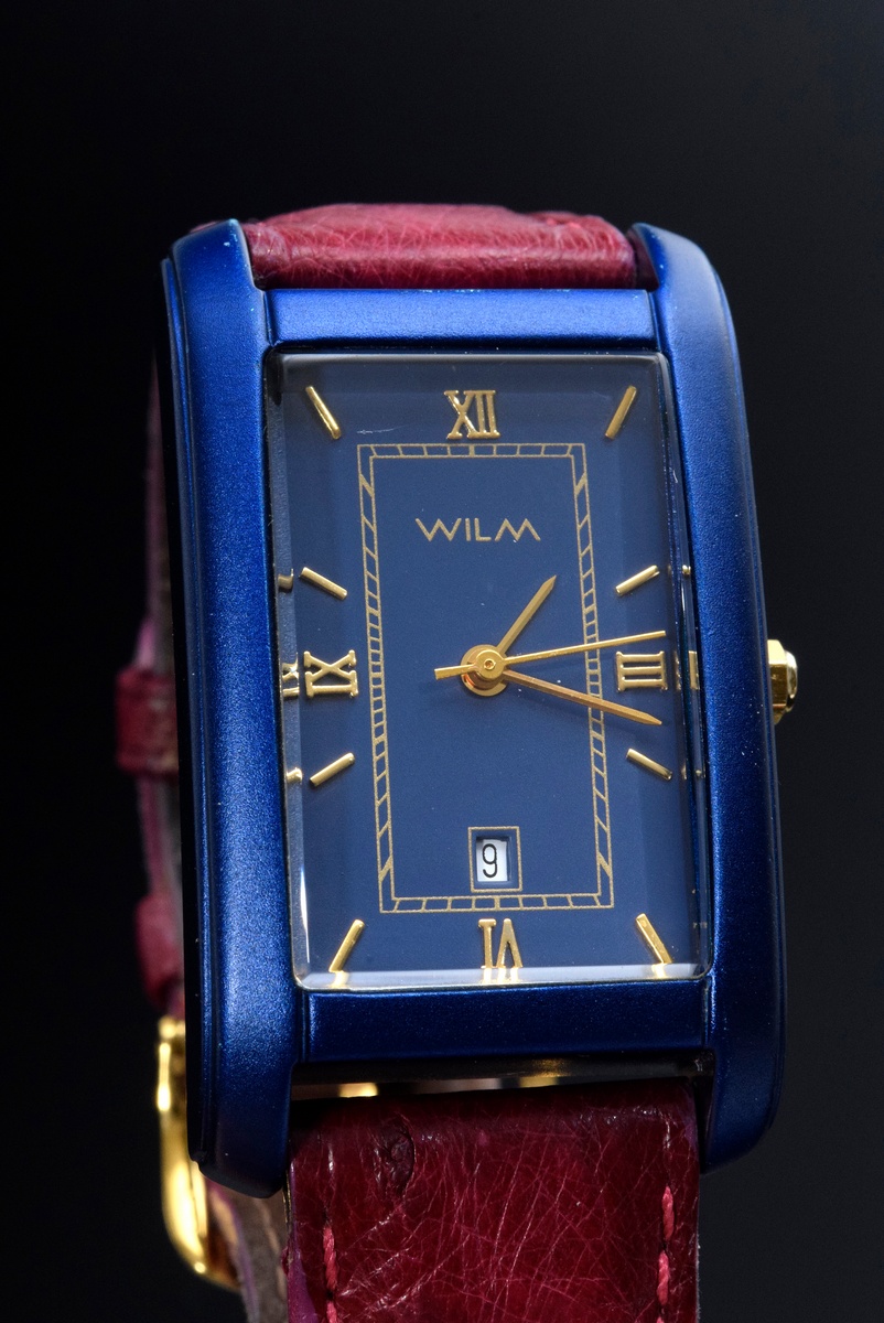 Gold-plated Wilm wristwatch "B-Watch", blue oxidised aluminium in tank form, quartz movement, large