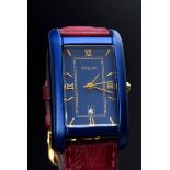 Vergoldete Wilm Armbanduhr "B-Watch", blau oxydiertes Aluminium in Tankform, Quarzwerk, große Sekun