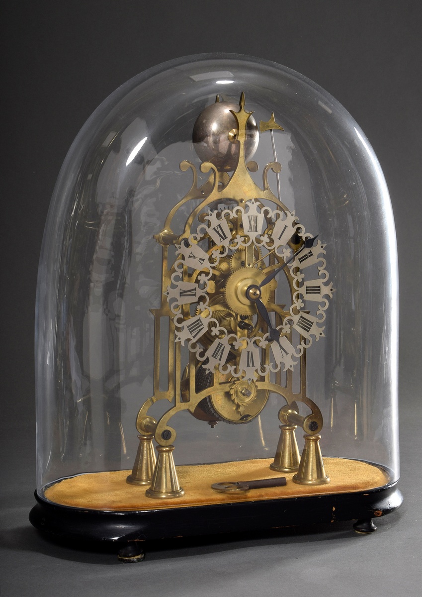 Brass skeleton clock under glass lintel, England 19th c., h. 34.5/42.5cm, glass replaced