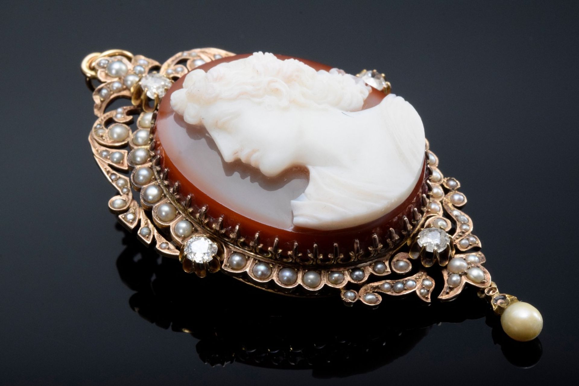 Antique agate camée "woman's head" in RG 585 setting with old cut diamonds (add. approx. 0.40ct/P2/ - Image 3 of 3
