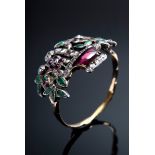 Antiker GG 585 Ring "Blumenkorb", mit in Silber gefassten Smaragden, Rubinen und Diamanten, um 1800
