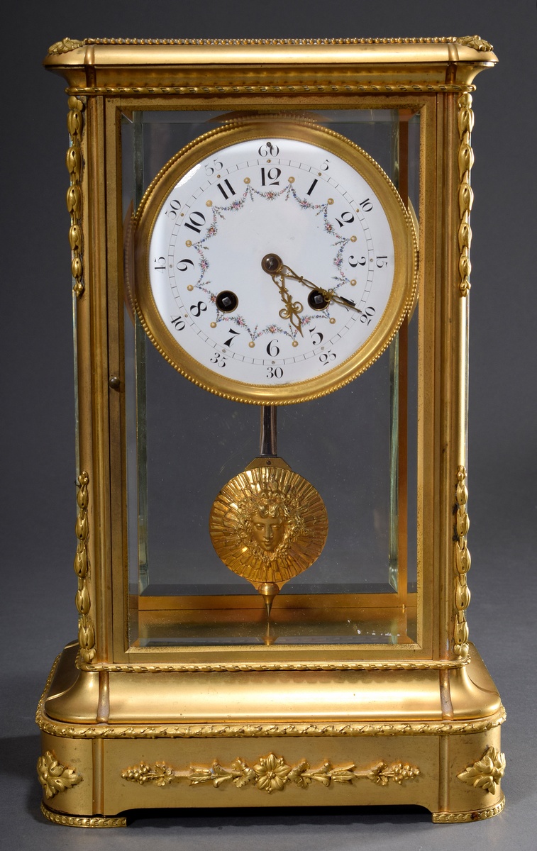 Pendulum in all-round glazed, fire-gilt bronze case with floral painted enamel dial with Arabic num