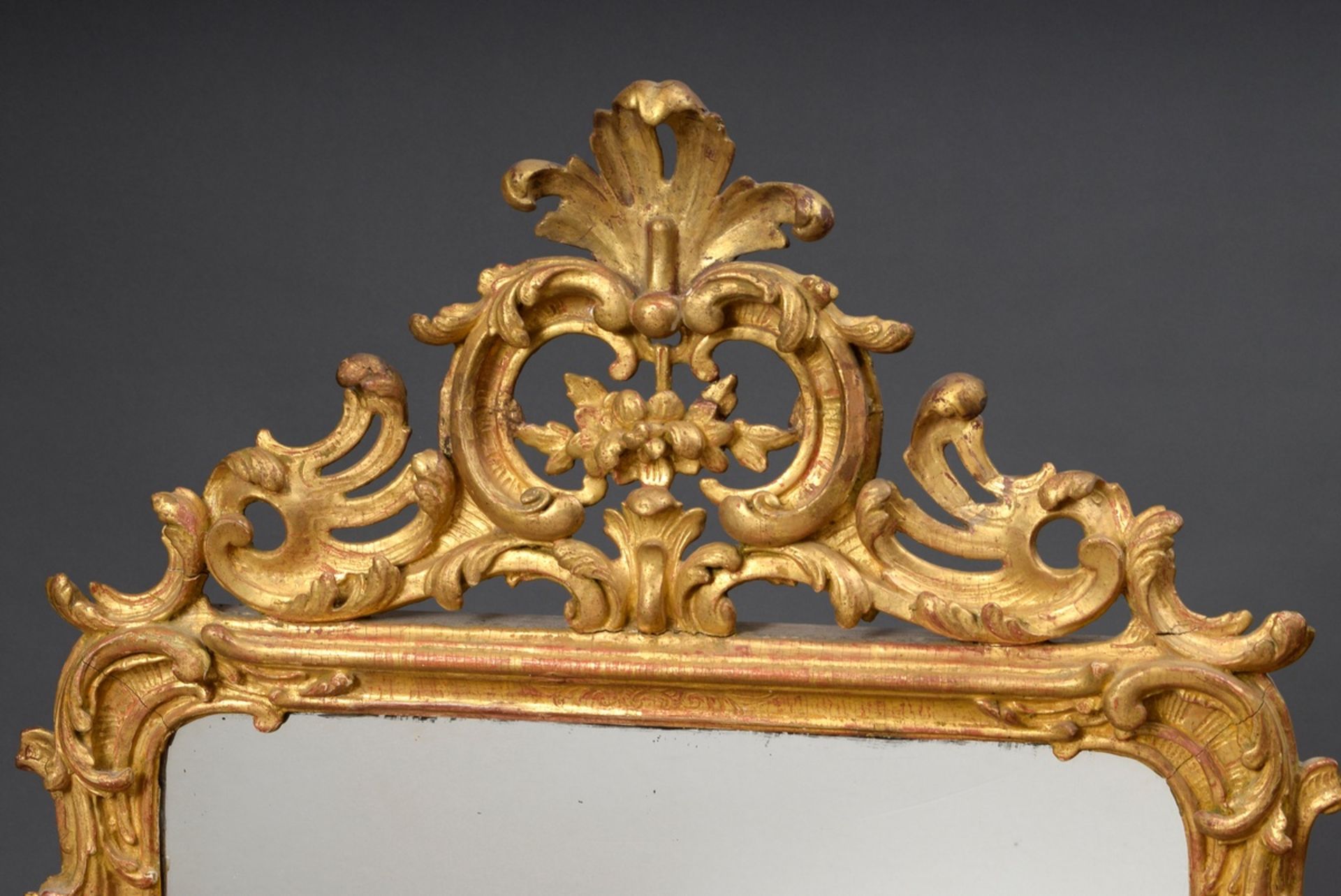 Large rococo console mirror with carved and gilded frame, openwork rocaille and floral carving in t - Image 2 of 5