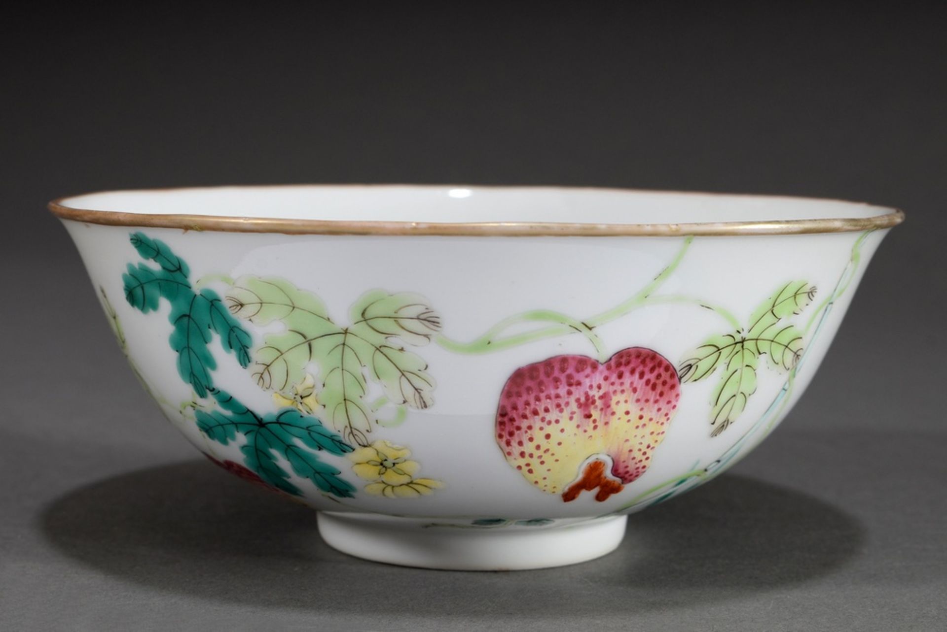 Chinese porcelain kummel with polychrome Famille Rose painting "Pomegranates, Bamboo and Butterfly"