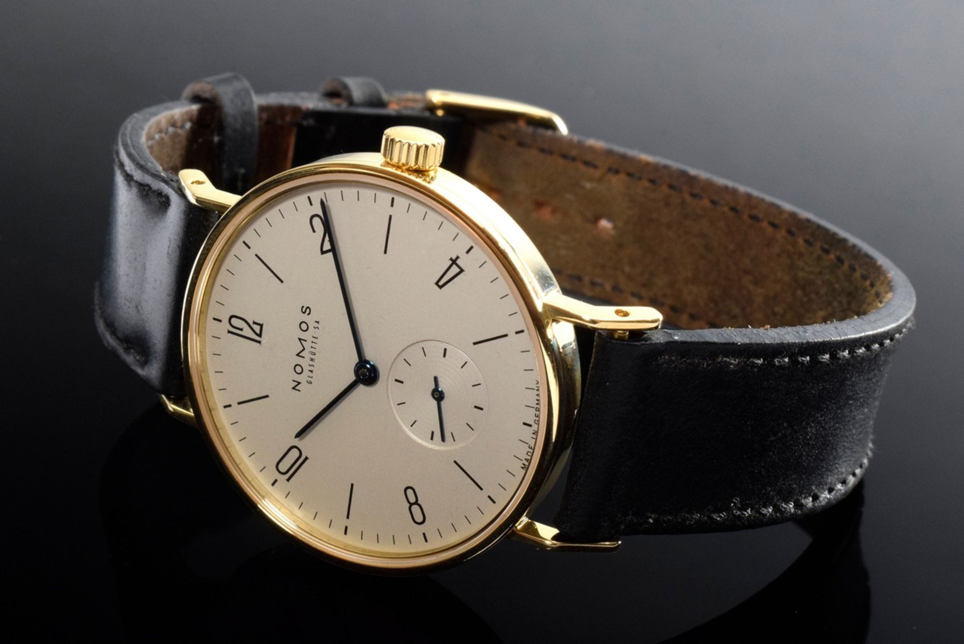 Nomos "Tangente" Herren Armbanduhr mit GG 750 Gehäuse, Jubiläumsedition 125 Jahre Wempe/Hamburg, Ha