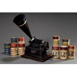 Edison GEM Phonograph auf Holzplatte montiert mit 9 diversen Walzen, u.a."Die Schöne Müllerin", "Am
