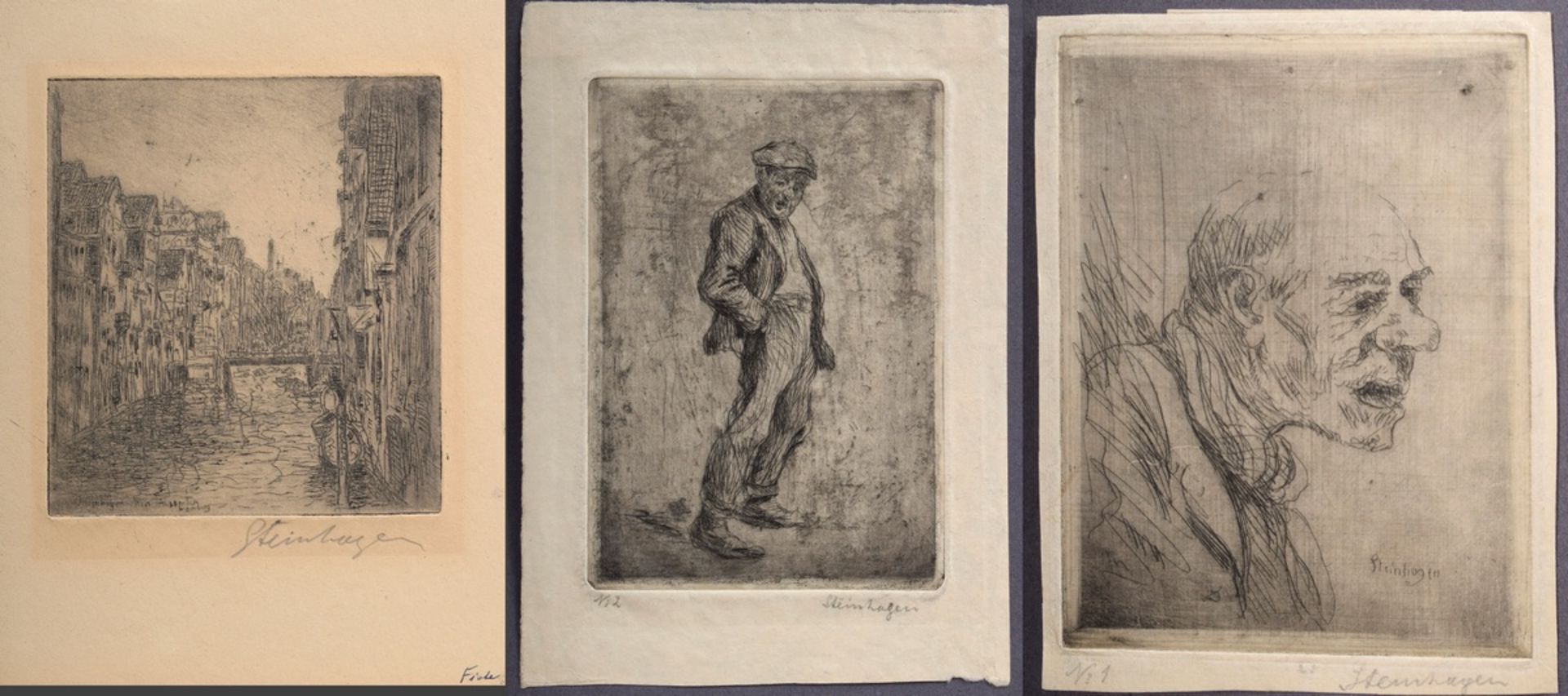 3 Steinhagen, Heinrich (1880-1948) "Hamburg" and "Types", etchings, some signed and titled on the p