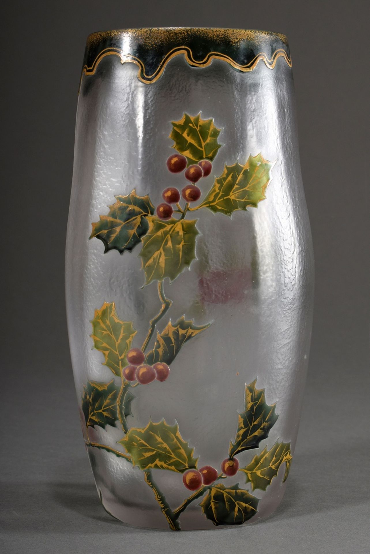 Tall Art Nouveau vase with etched and gilded decoration "Ilex", thick-walled colourless glass, part