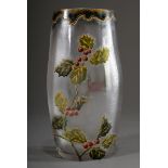 Hohe Jugendstil Vase mit geätztem und vergoldetem Dekor "Ilex", dickwandiges farbloses Glas, partie