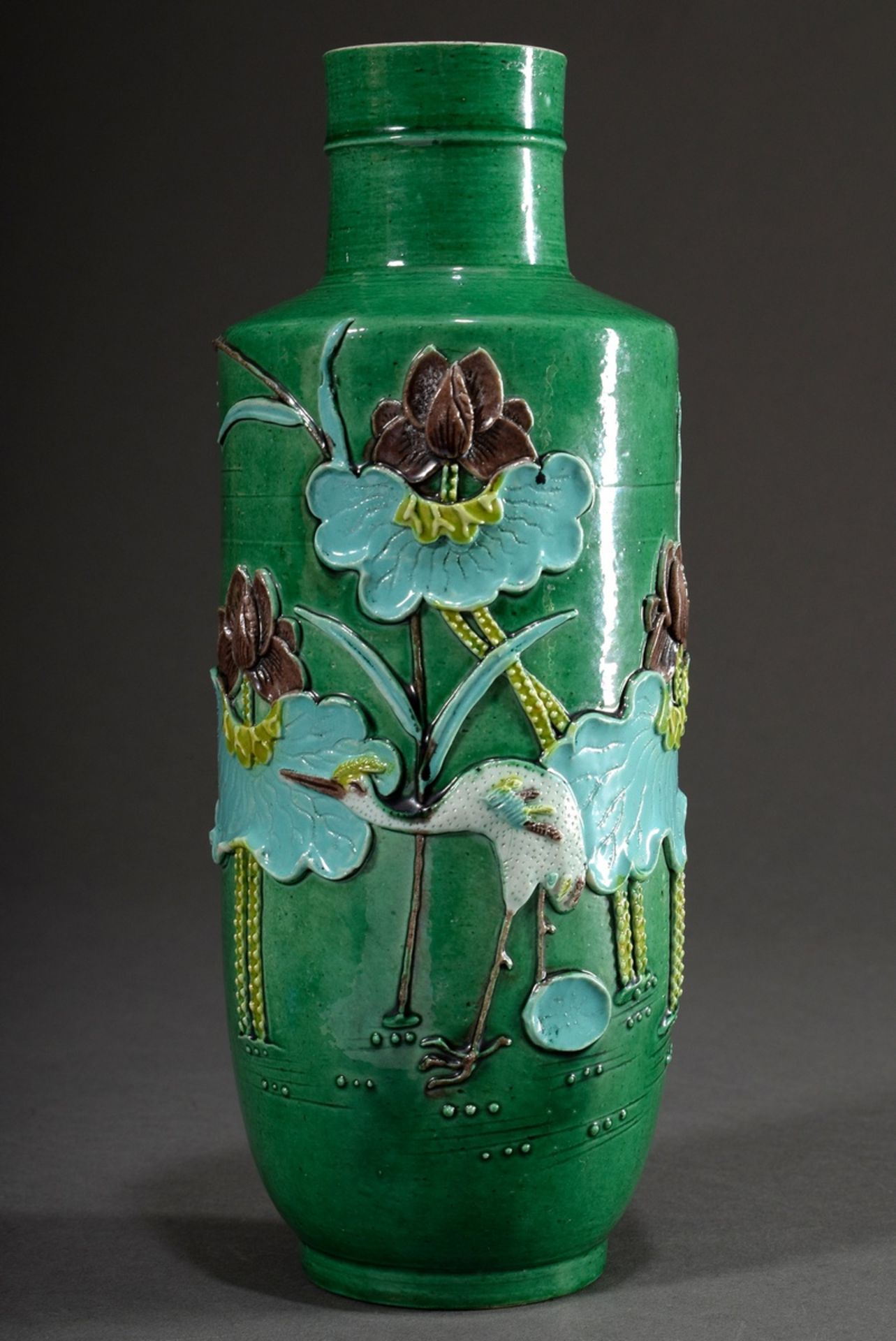 Enamel sur Bisquit Rolleau vase with Famille Verte painting "water bird between lotus blossoms", h.