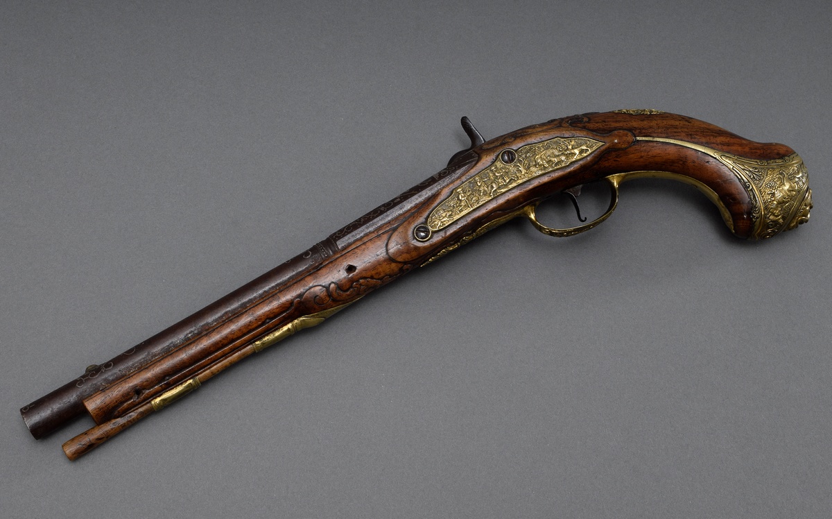 Muzzle-loading/percussion pistol (adjusted) with walnut stock, finely chiselled gilt bronze decorat - Image 17 of 18