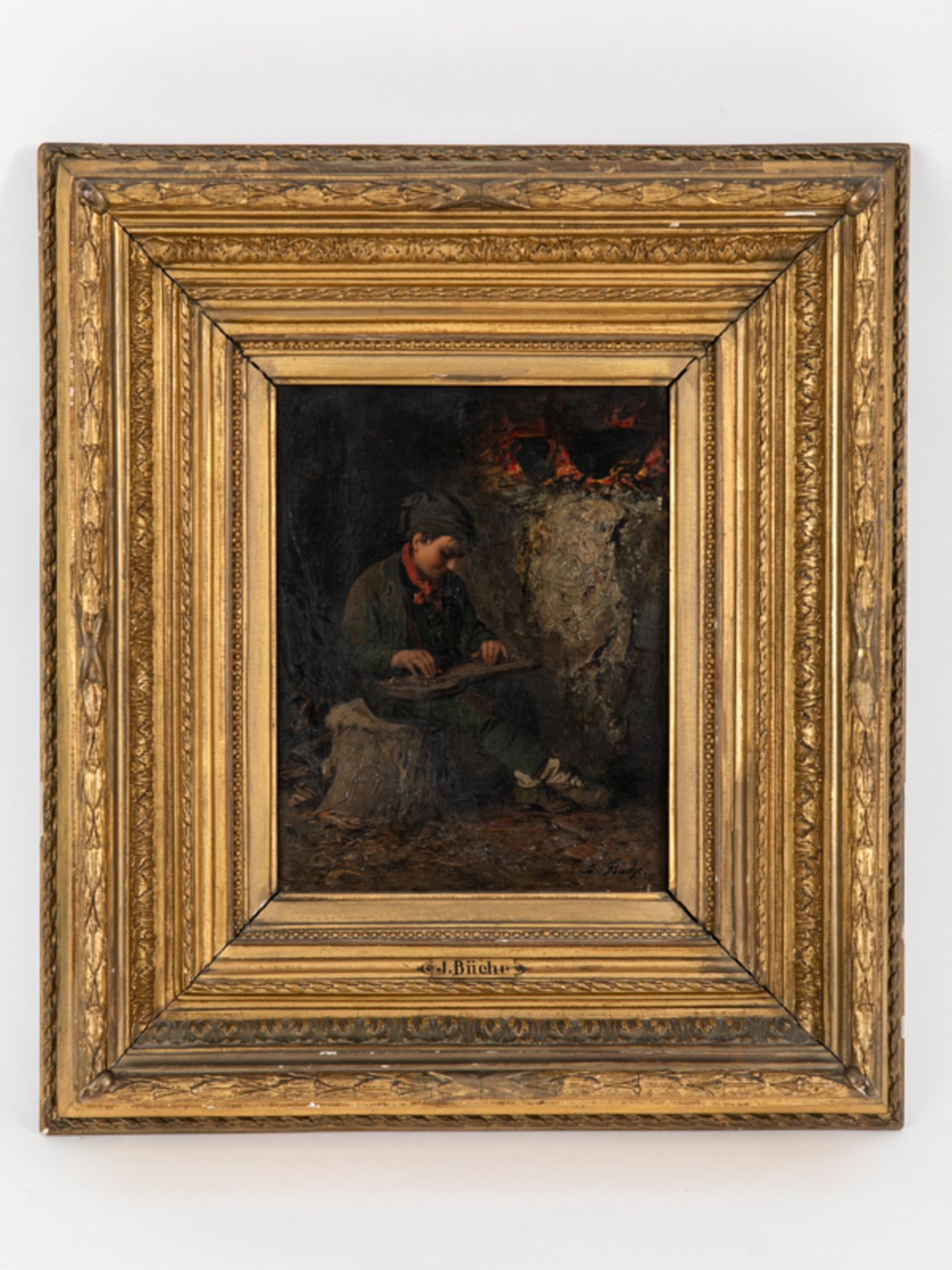 Büche, Josef (1848 - 1917). Öl auf Leinwand; "Zitherspielender Junge am Stallfeuer"; kabinett