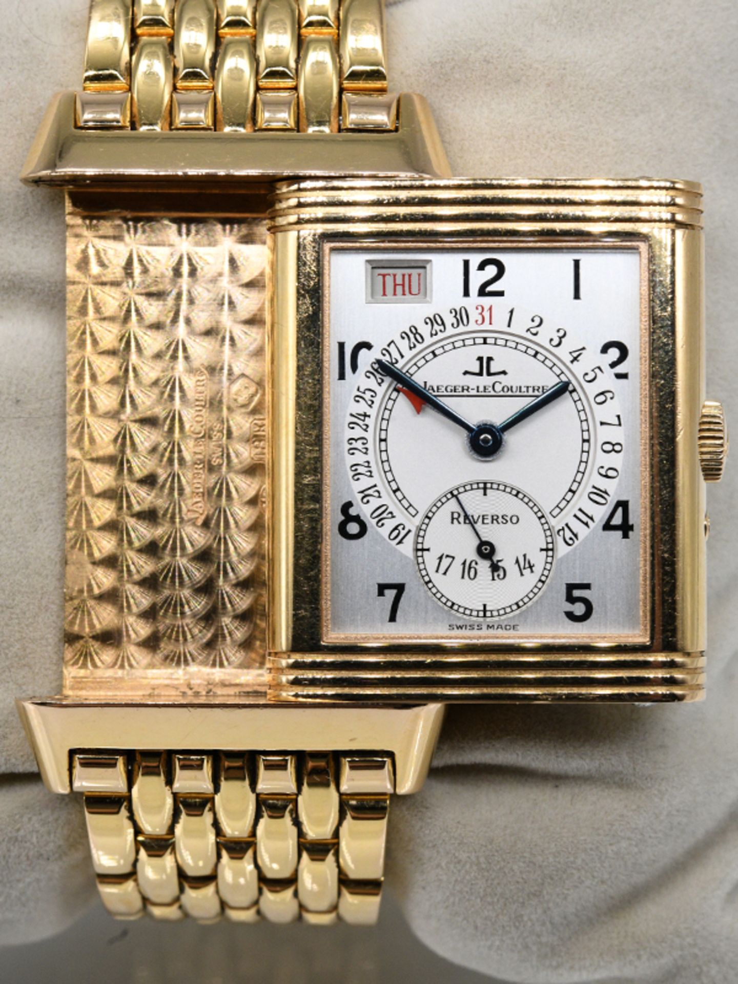 Goldene Armbanduhr (Unisex), Jaeger le Coultre "Reverso", um 2000. 750/- Weißgold. Gesamtgewic - Bild 3 aus 7