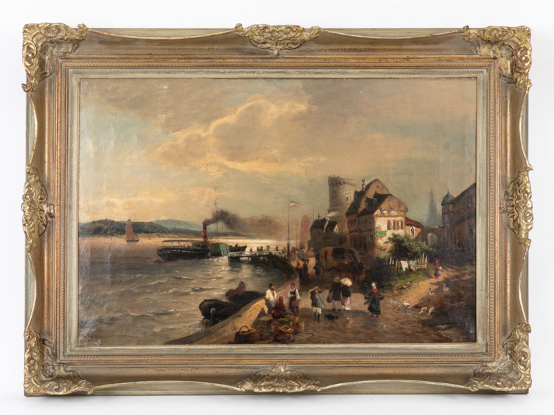 Hiller, Heinrich (1846 - 1912). Öl auf Leinwand, "Rheinlandschaft mit Dampfer-Anlegeszene"; si