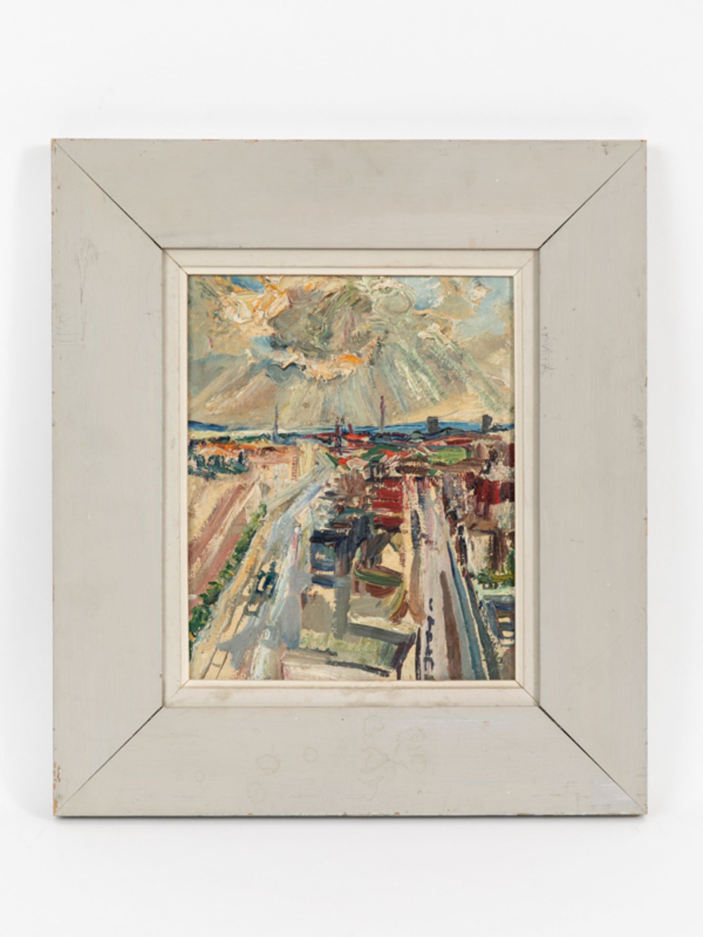 Lange-Brock, August (1891 - 1978). Öl auf Malpappe, "Modern-abstraktes Großstadt-Panorama", u