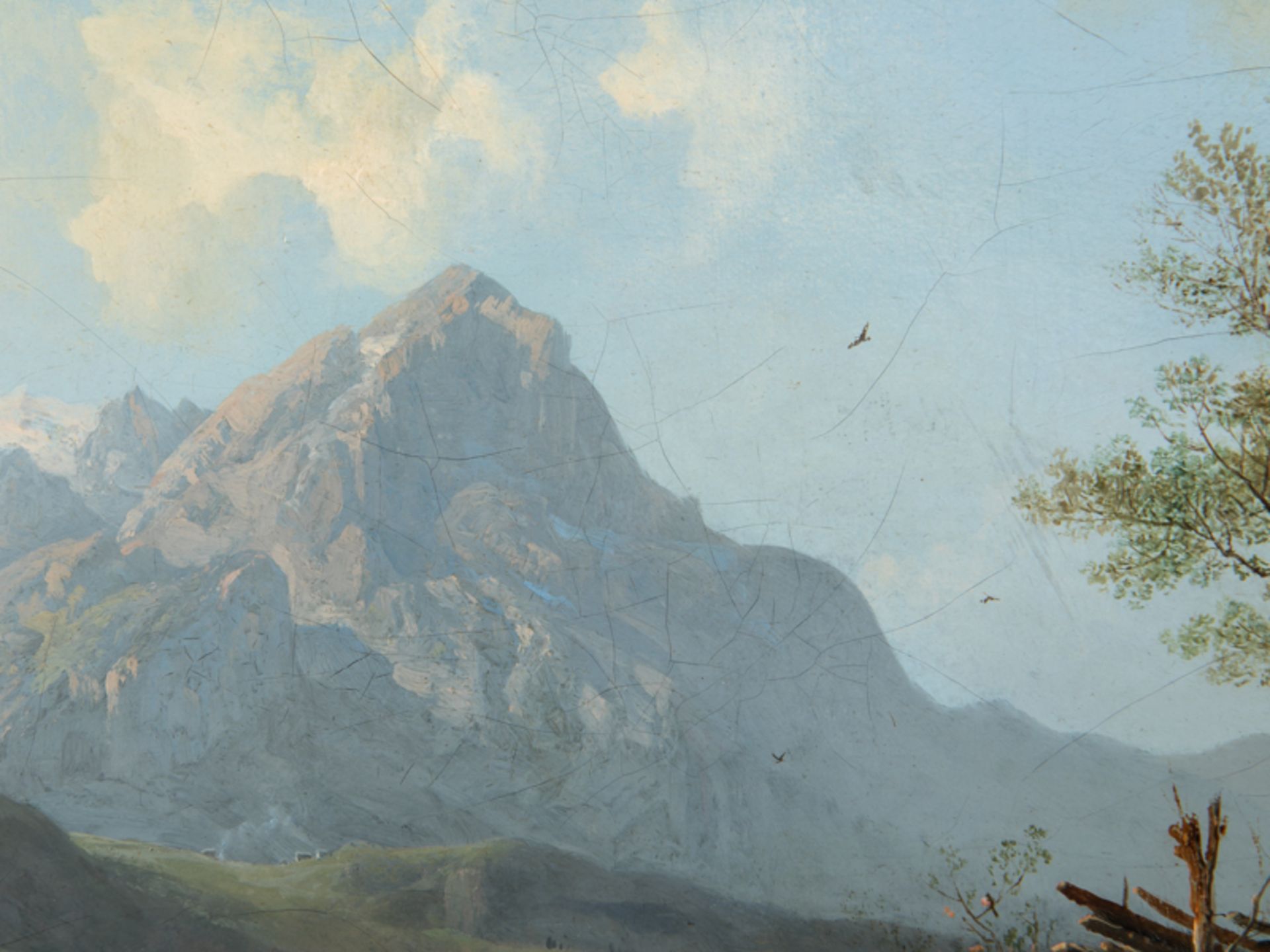 Bürkel, Heinrich (1802 - 1869). Öl auf Leinwand (doubliert); "Alpenpanorama mit rastendem Hir - Bild 6 aus 8