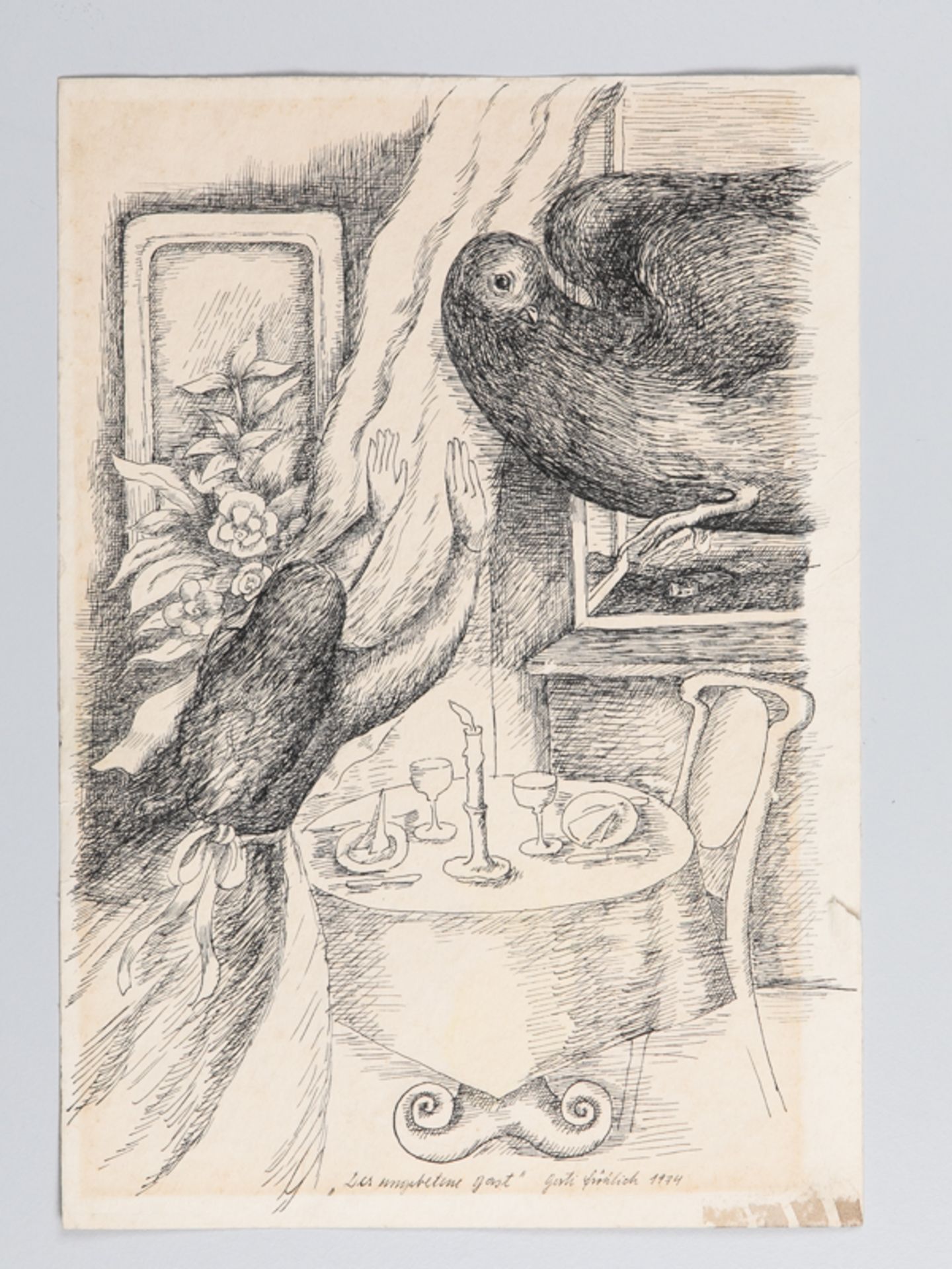 Fröhlich, Gerti (* 1930). Federzeichnung auf Papier; "Der ungebetene Gast", 1974; Interieur mi