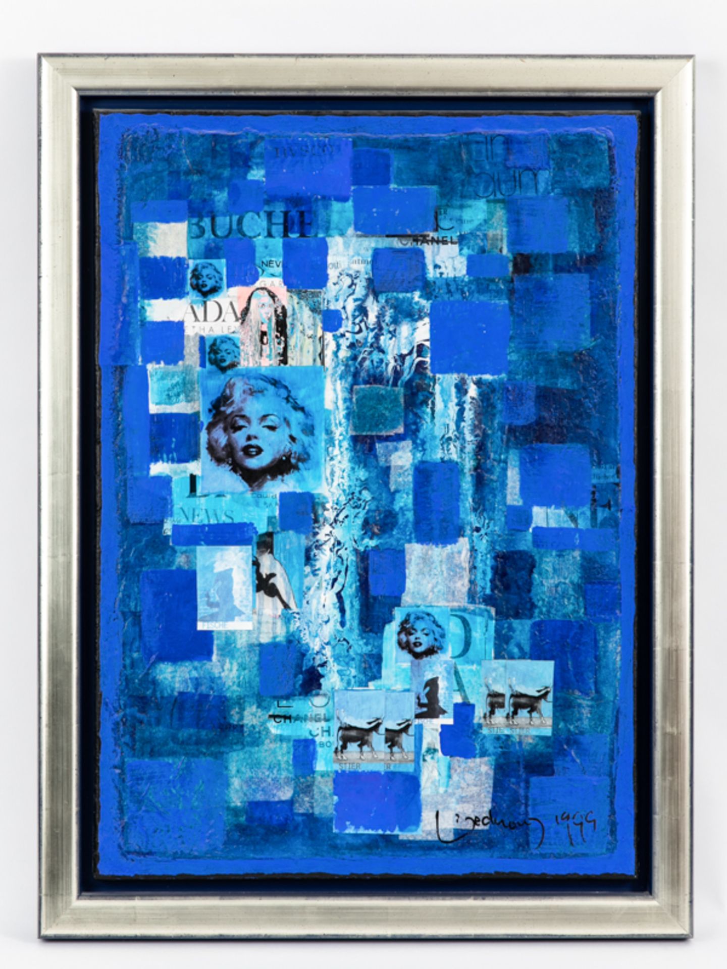 Bednorz, Peter (* 1960). Collage auf Leinwand, "Die Frau im Sternzeichen Blau", 1999; in variie