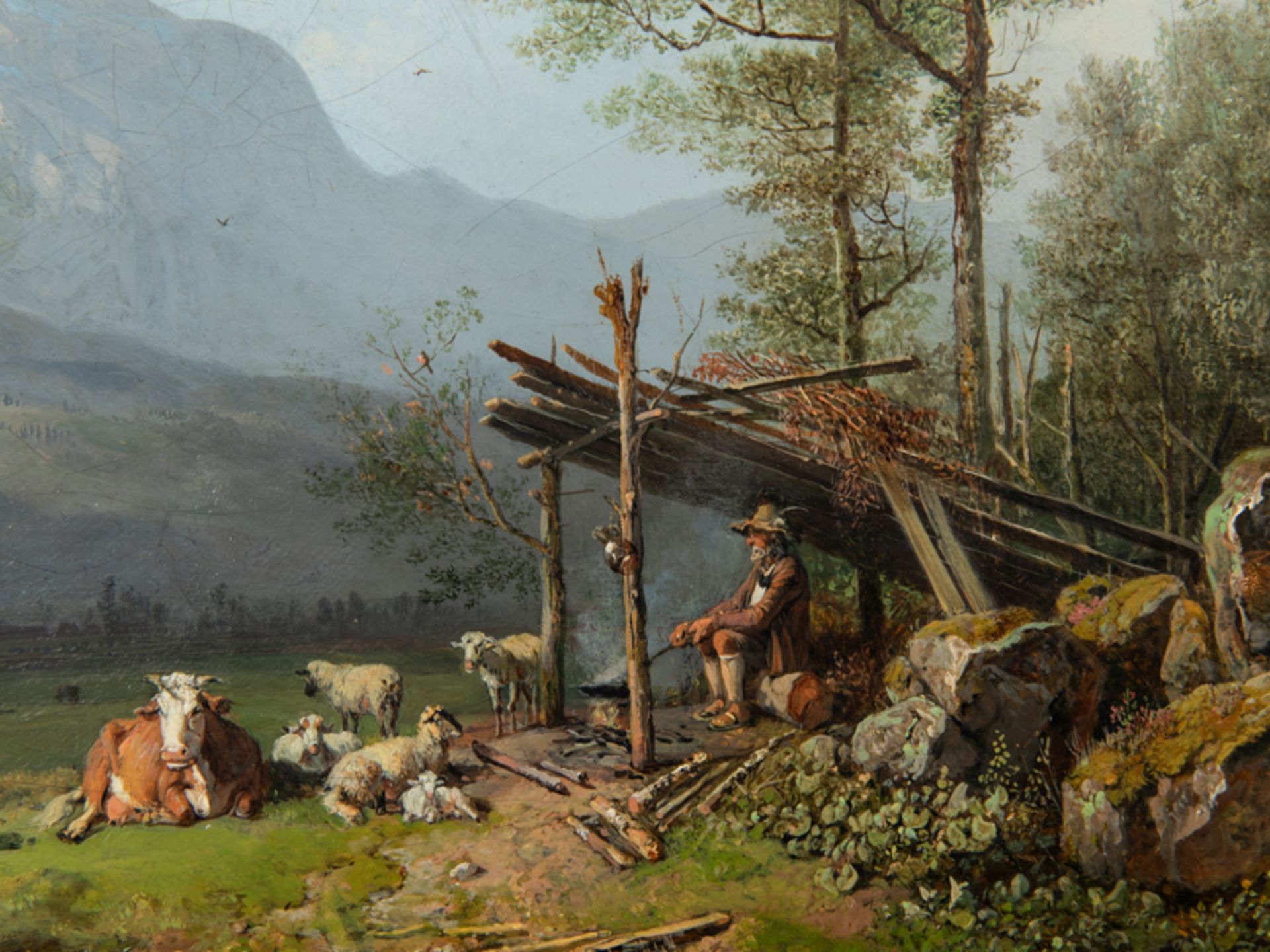 Bürkel, Heinrich (1802 - 1869). Öl auf Leinwand (doubliert); "Alpenpanorama mit rastendem Hir - Bild 2 aus 8