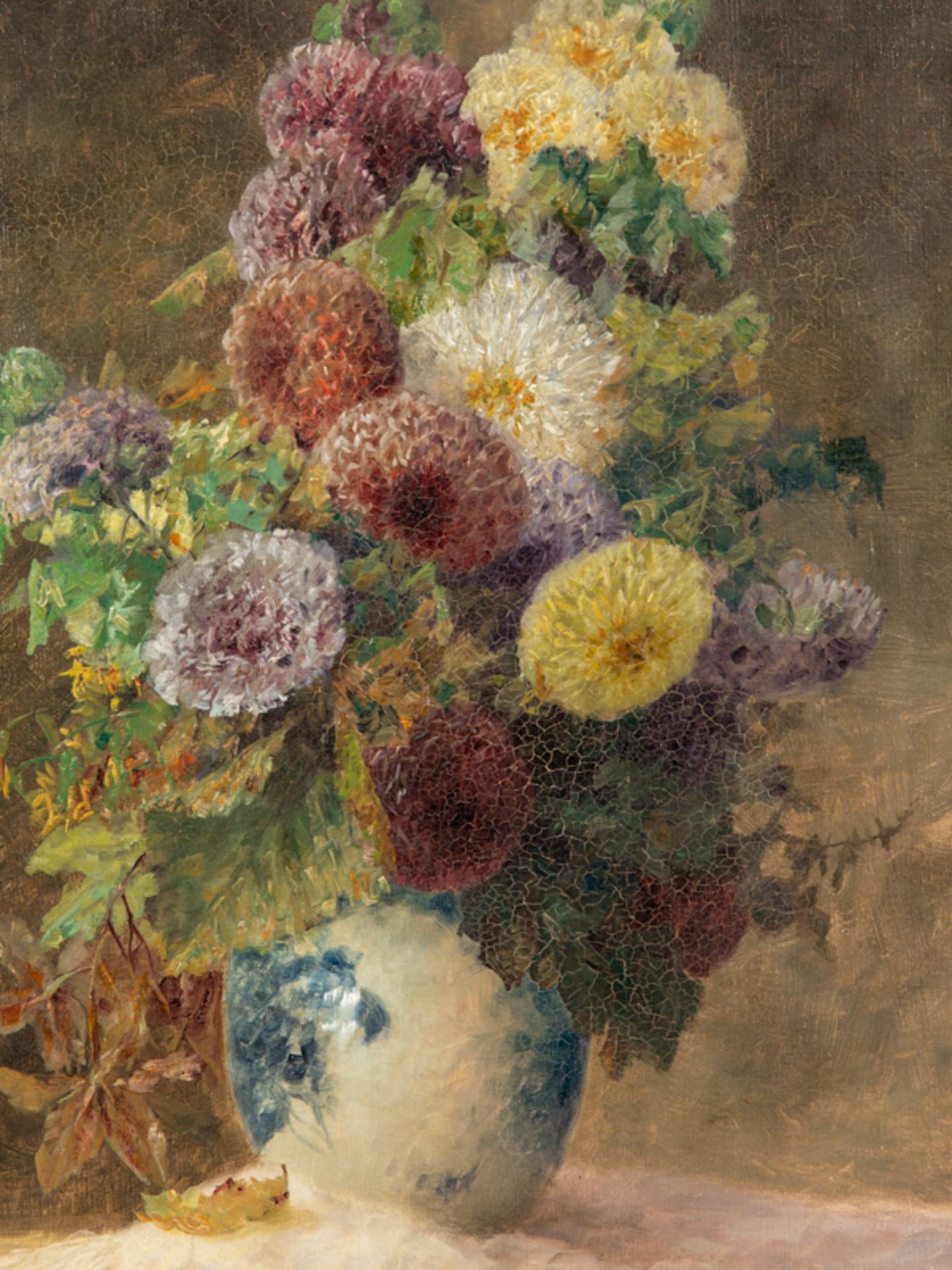 Streckenbach, Max (1863 - 1936). Öl auf Leinwand; "Sommerblumen mit Dahlien in blau-weißer Va - Bild 2 aus 5