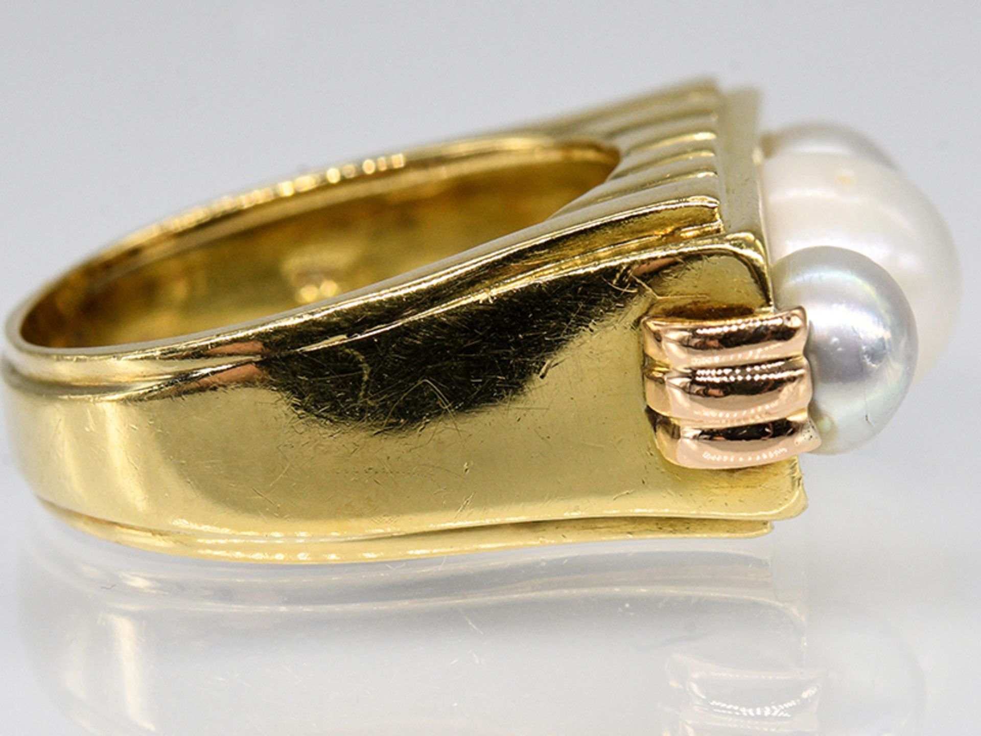 Ring mit 3 natürlichen Flussperlen aus dem niederbayrischen Fluss Regen, Art Deco, Goldschmiedearb - Bild 4 aus 6