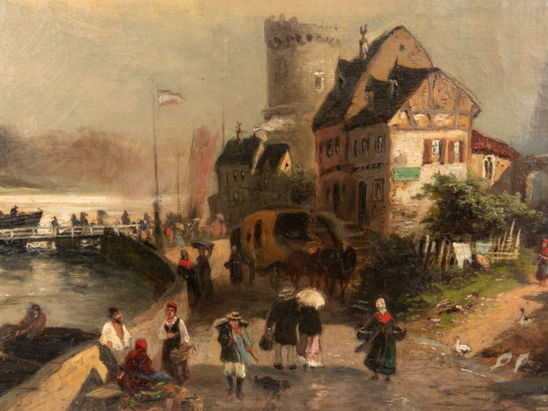 Hiller, Heinrich (1846 - 1912). Öl auf Leinwand, "Rheinlandschaft mit Dampfer-Anlegeszene"; si - Bild 2 aus 4