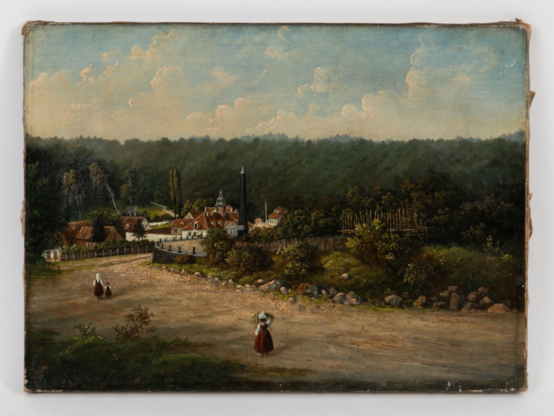 Spätbiedermeier-Maler (19. Jh.). Öl auf Leinwand, Dorfansicht mit Obeliskdenkmal und kleintei