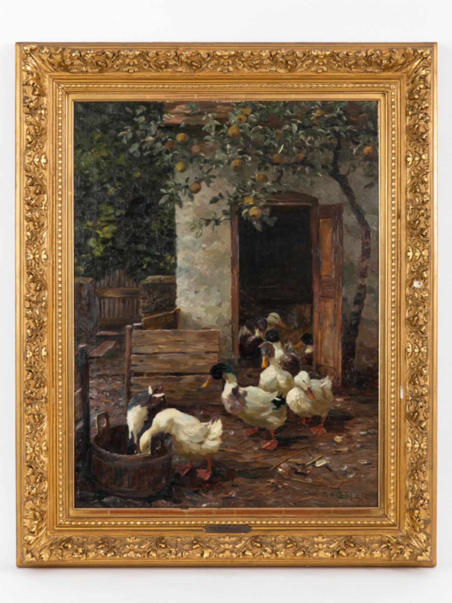 Koester, Alexander (1864 - 1932). Öl auf Leinwand; "Entenfütterung im Hof"; lebensnah geschil