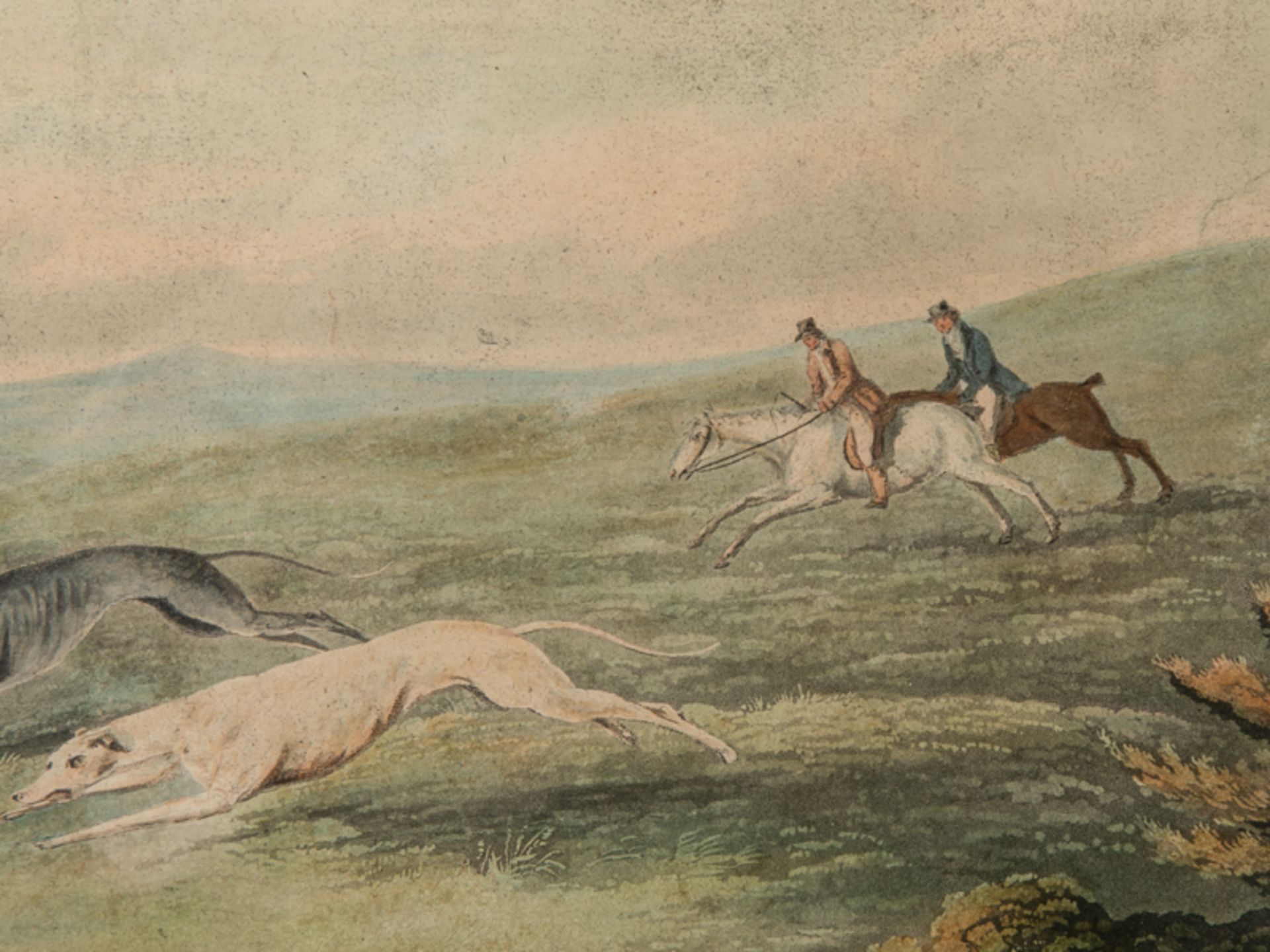 Englischer Graphiker des 19. Jh. Farblithographie, Jagdszene mit 2 Windhunden und 2 Reitern in - Bild 2 aus 4